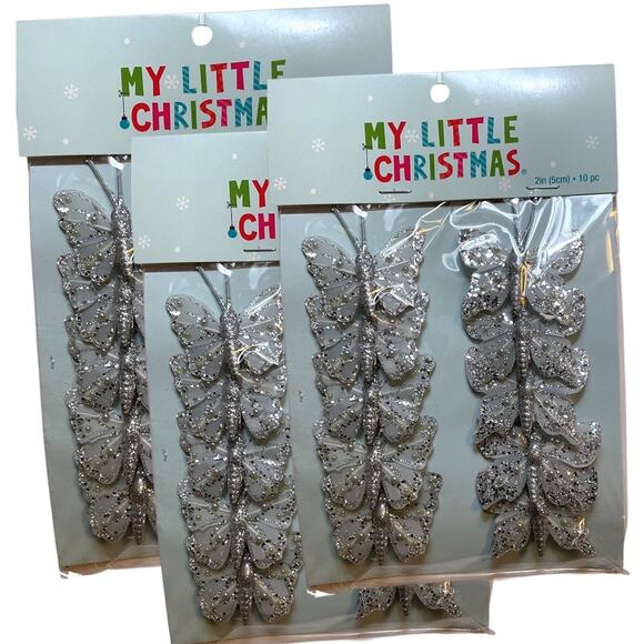 Silver Clip On Butterfly Christmas Mini Tree Ornaments 3 Sets of 10 - Picture 1 of 4